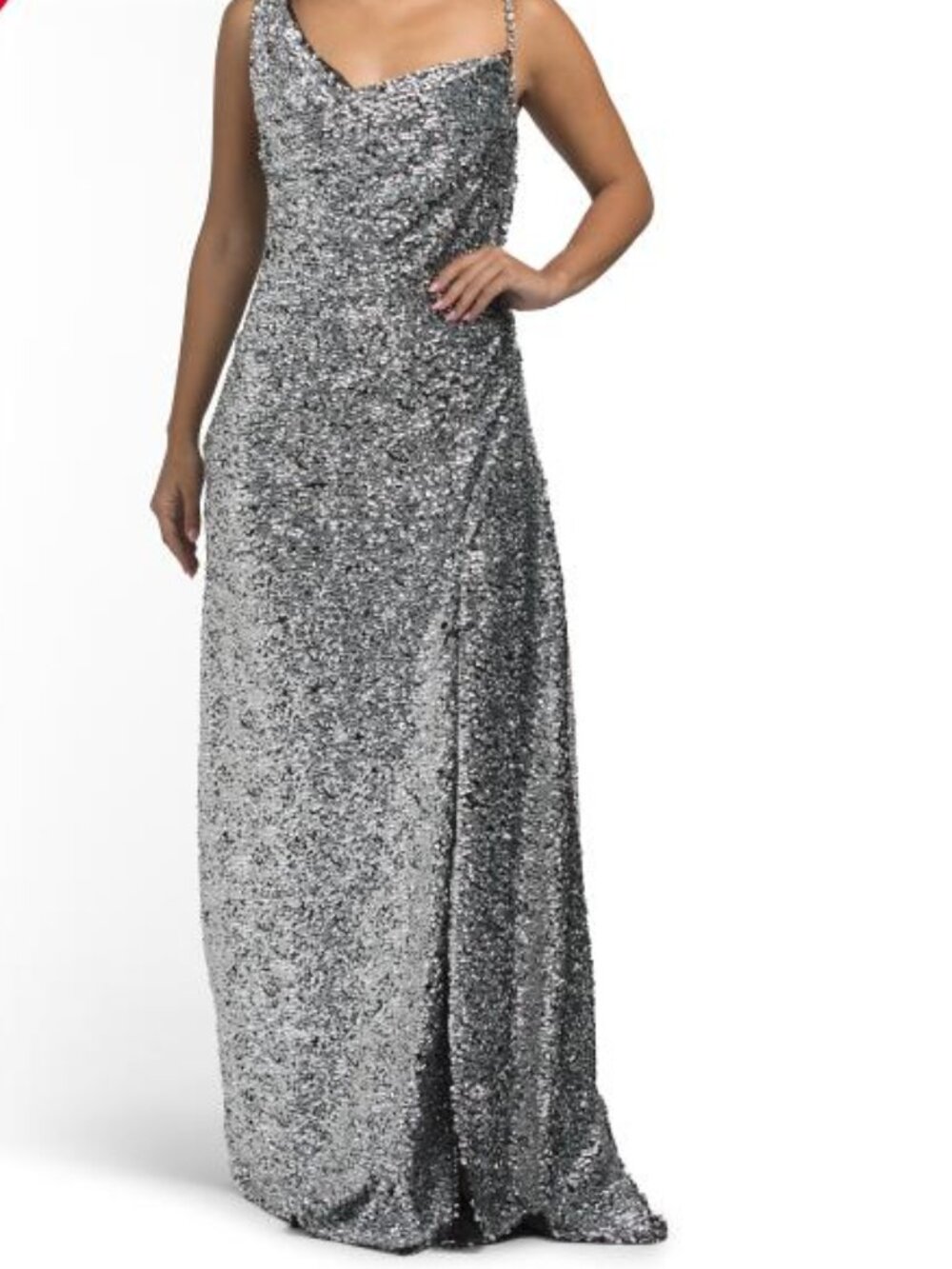AREA Crystal Strap Sequin Gown